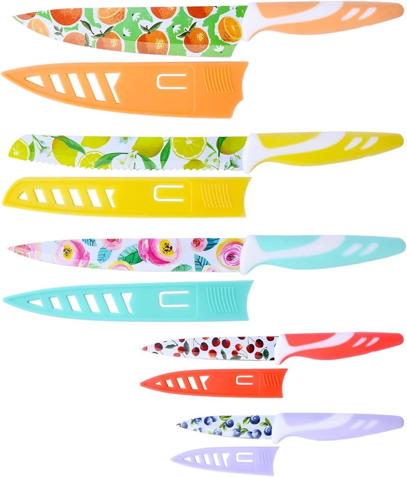 UPTRUST 10-piece Stainless Steel Kitchen Knife Set, Nonstick Coated with 5 Blade Guard, Multicolored Fruit Knives, Pioneer Woman Knife Sets - Image 1
